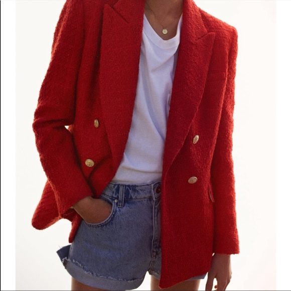 zara red tweed blazer